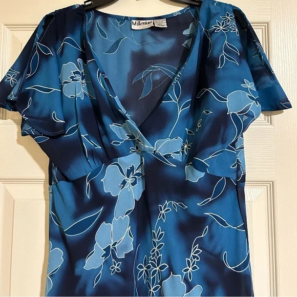 Millenium Blue Floral Maxi Dress Tie Dye V-Neck Y2K 90s Chiffon Sz L - Picture 4 of 6